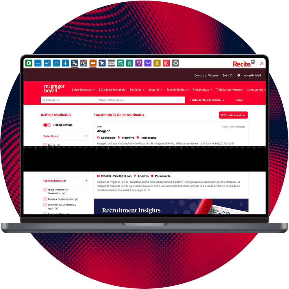 Mock-up of the Recite Me Toolbar being used on the McGregor Boyall website.