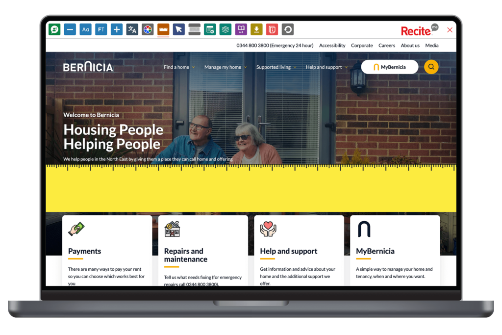 Mock-up of the Recite Me Toolbar being used on the Bernicia Homes website.