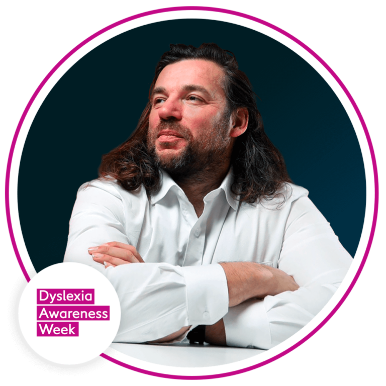 Image of Ross Linnett with the Dyslexia awareness week logo
