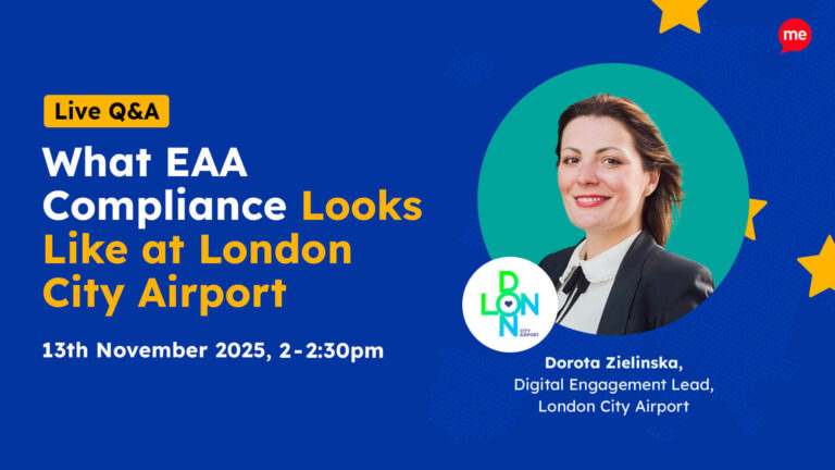 A promotional graphic for a webinar titled "Live Q&A: What EAA Compliance Looks Like at London City Airport," hosted by Recite Me. The webinar takes place on 13th November 2025 from 2:00 to 2:30 pm. The speaker is Dorota Zielinska, Digital Engagement Lead at London City Airport.