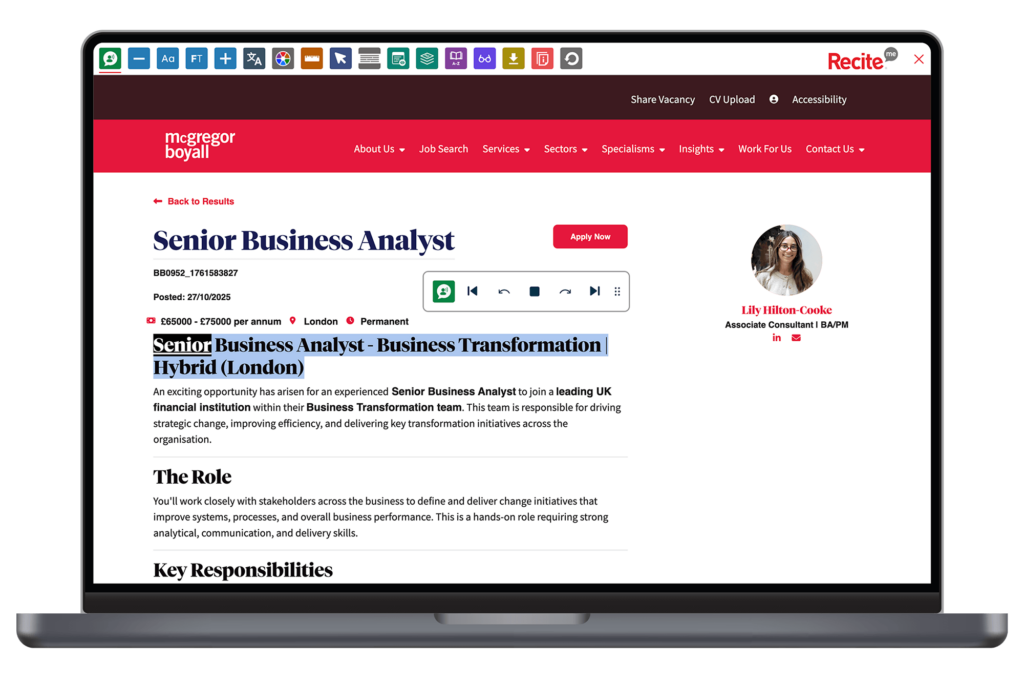 Mock-up of the Recite Me Toolbar being used on the McGregor Boyall website.