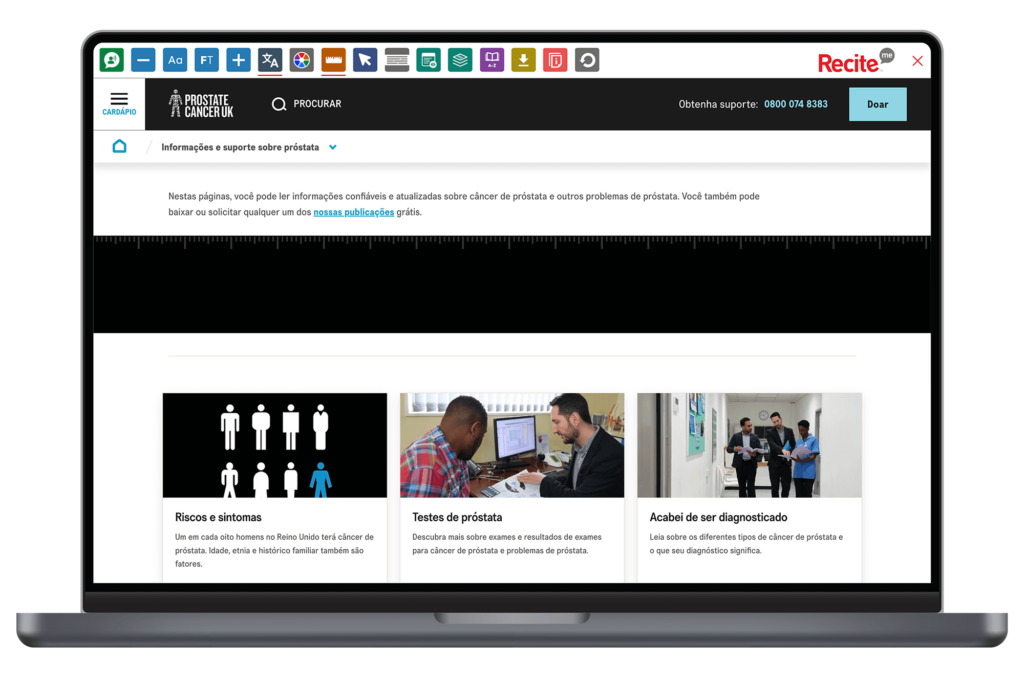 Mock-up of the Recite Me Toolbar being used on the Prostate Cancer UK website.