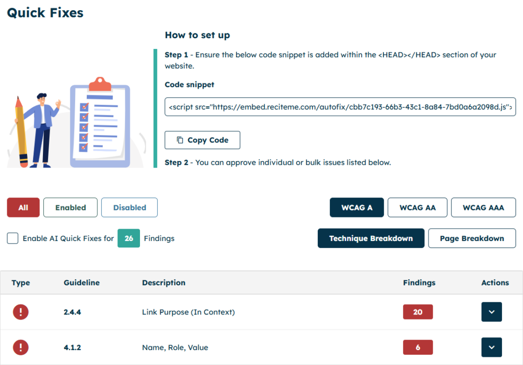 Recite Me accessibility checker tool using quick fixes