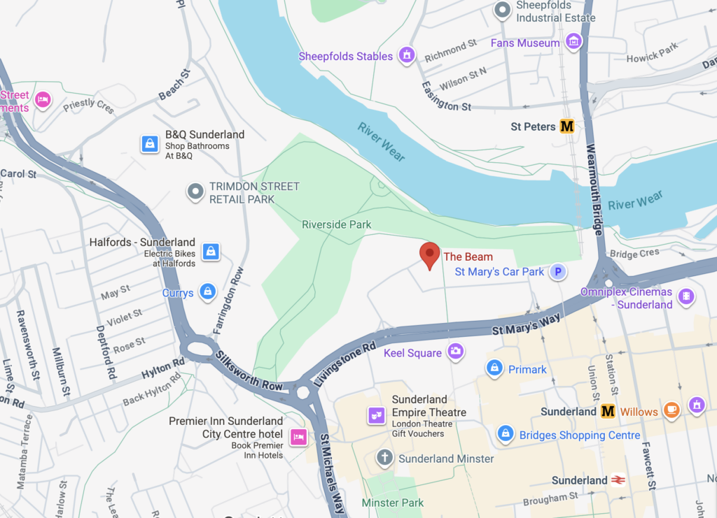 Screenshot of Google maps showing where The Beam is in Sunderland