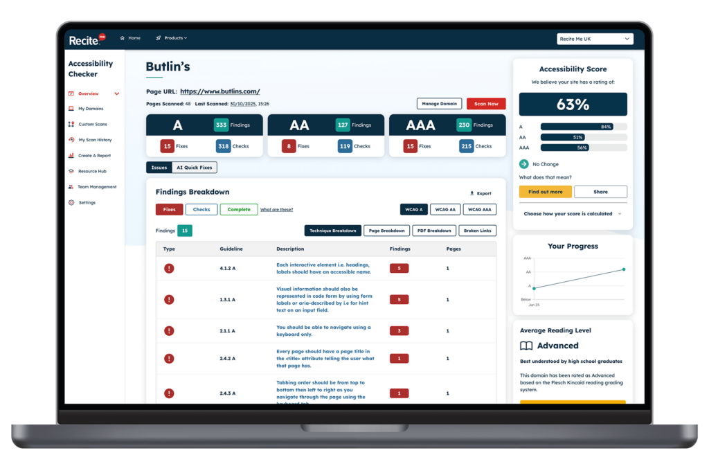 Mock-up of the Recite Me Checker Tool being used