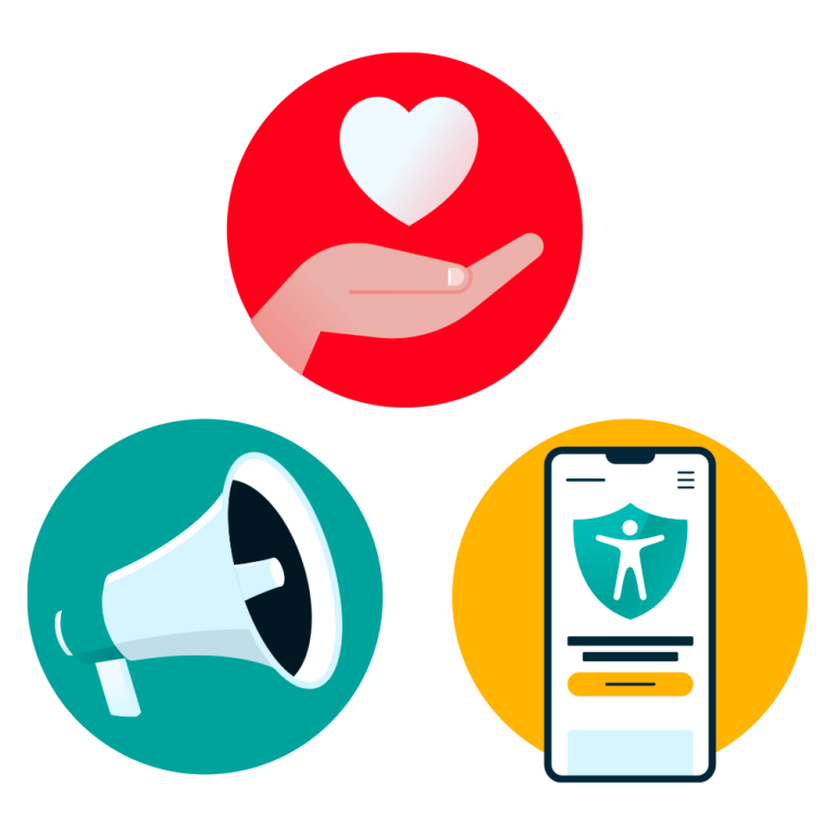 Icons of a hand holding a heart, a megaphone, and a smartphone displaying an accessibility symbol.