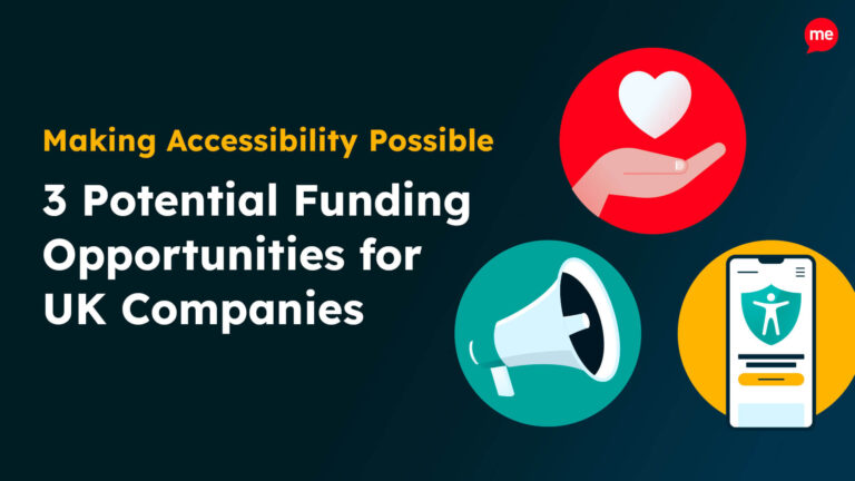 Graphic with text reading ‘Making Accessibility Possible: 3 Potential Funding Opportunities for UK Companies.’ Includes icons of a hand holding a heart, a megaphone, and a smartphone displaying an accessibility symbol.
