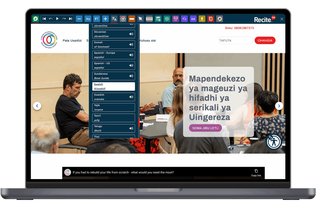 Mock up of Recite Me being used on the Welsh Refugee Council website.