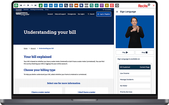 BSL feature being used on the Northumbrian Water website