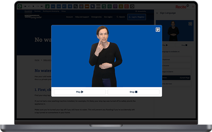BSL feature being used on the Northumbrian Water website