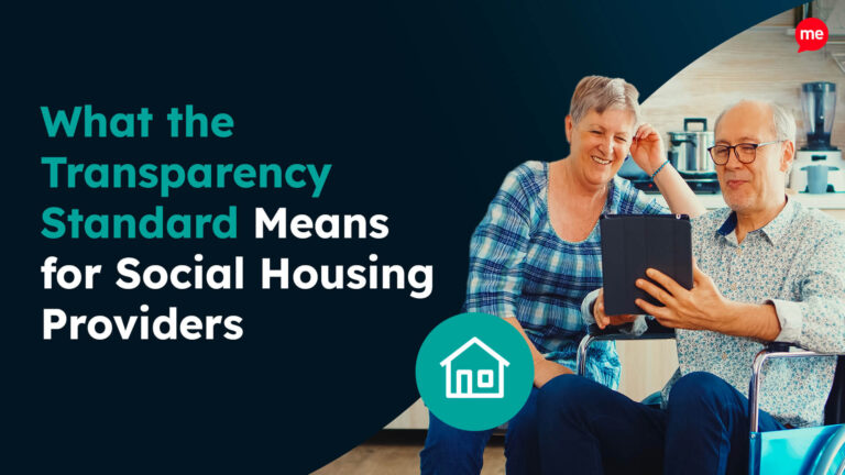 Two older adults sitting together, smiling and looking at a tablet, with text reading ‘What the Transparency Standard Means for Social Housing Providers’ and a house icon.