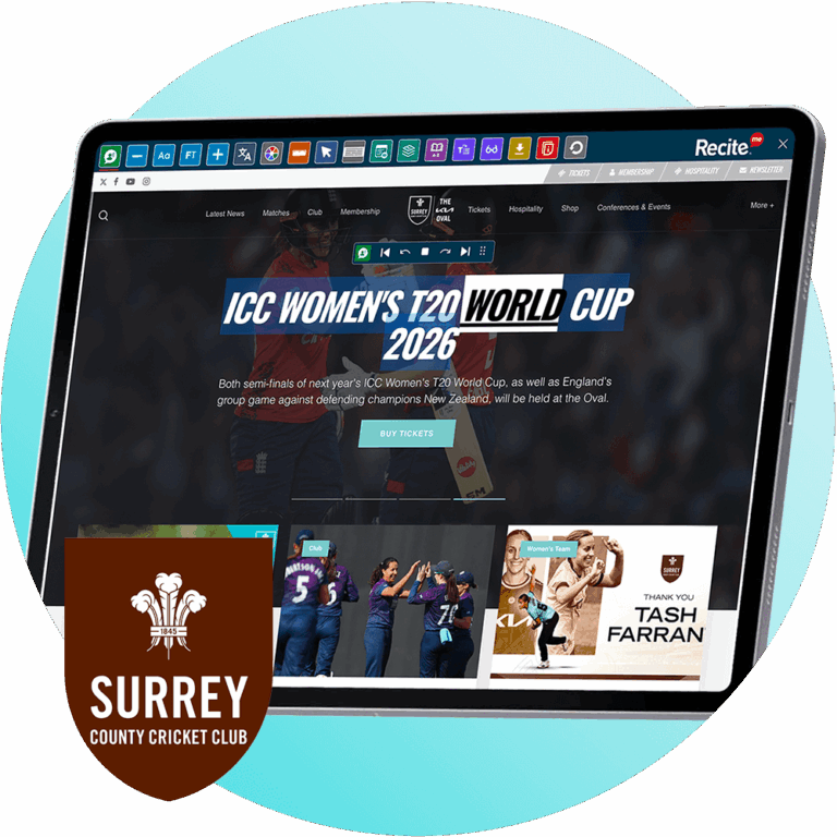 Mock-up of the Recite Me Toolbar being used on the Surrey Cricket Club website.