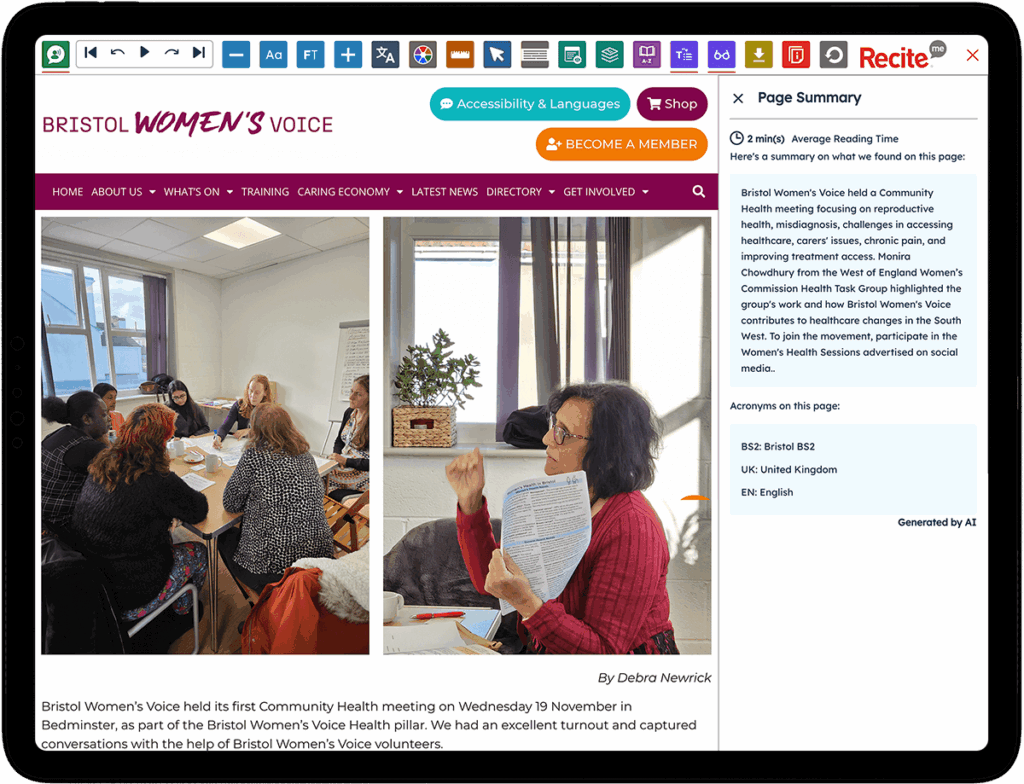 Ai Summariser feature being used on the Bristol womens aid website