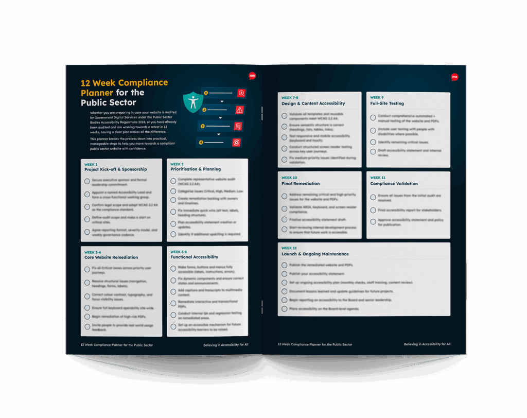 12 Week Compliance Planner for the Public Sector,” showing a cover page and inner pages with a week-by-week accessibility action plan.