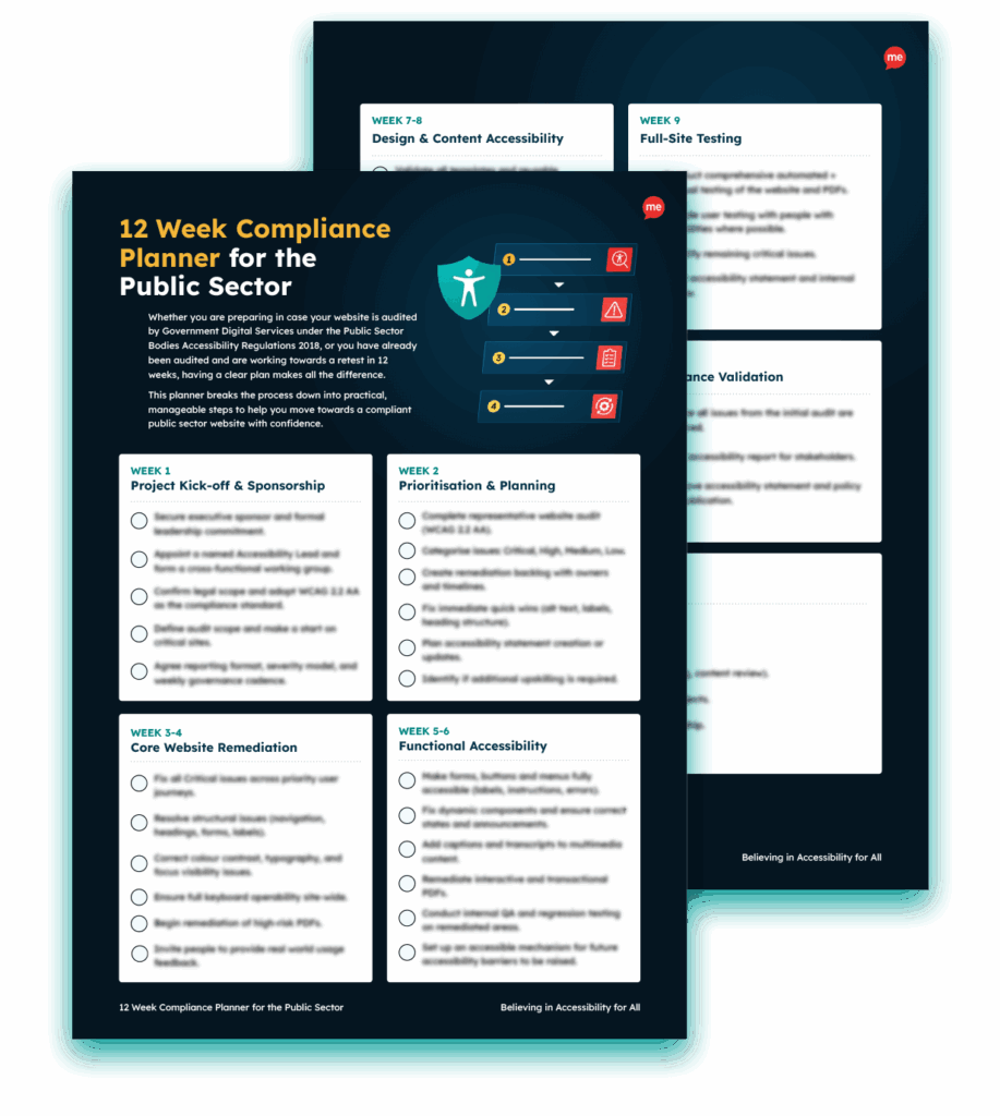 12 Week Compliance Planner for the Public Sector,” showing a cover page and inner pages with a week-by-week accessibility action plan.