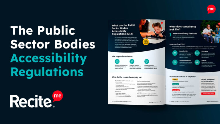 The Public Sector Bodies Accessibility Regulations,” featuring a preview of an open booklet explaining the 2018 regulations, WCAG compliance levels, and accessibility standards, with the Recite Me logo in the corner