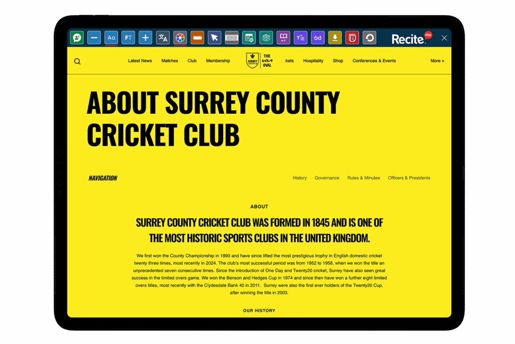 Recite Me Toolbar being used on a tablet