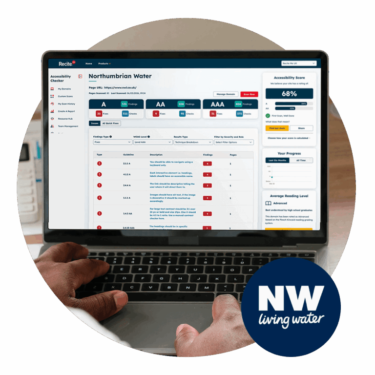 Recite me checker open on a laptop updating the Northumbrian water website