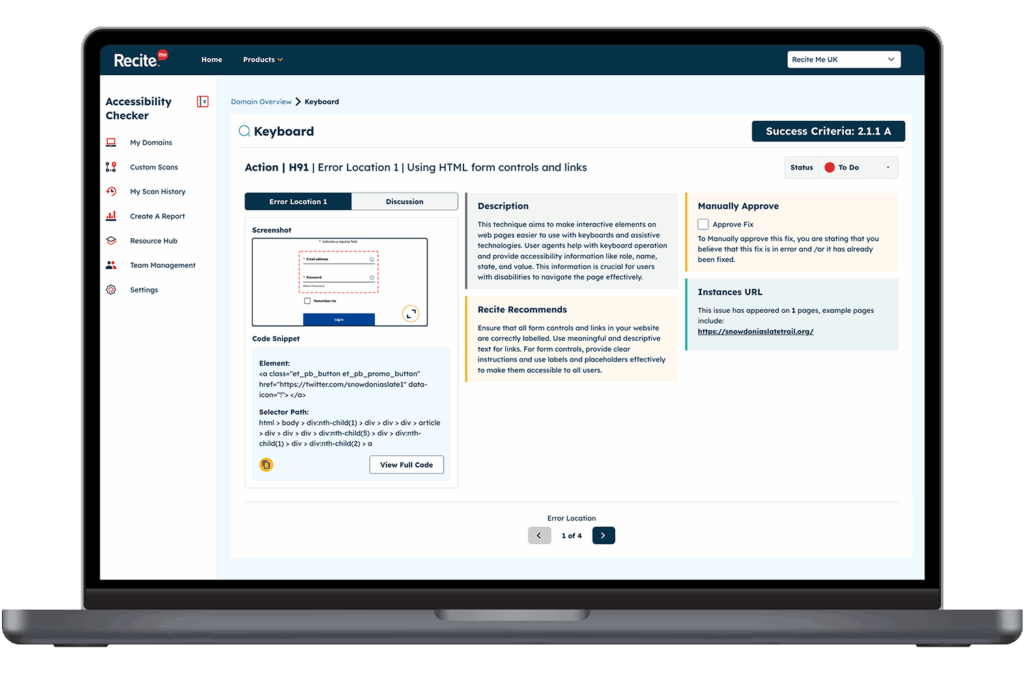Mock-up of the Recite Me Checker showing a keyboard fix