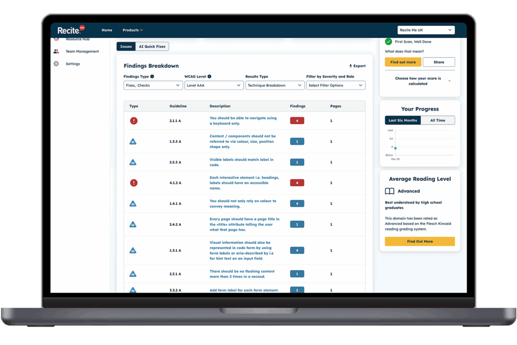 Mock-up of the Recite Me Checker showing the list of accessibility issues