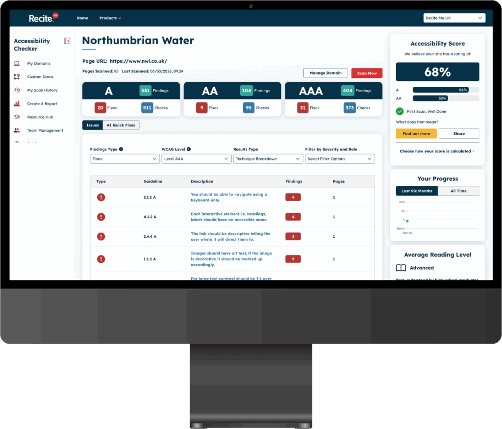 Mock-up of the Recite Me Checker showing the full dashboard