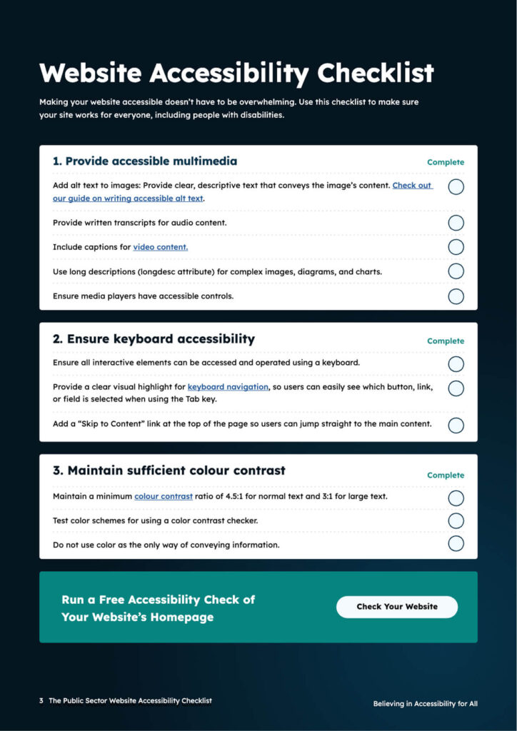 Page 3 of the Public Sector Website Accessibility Checklist
