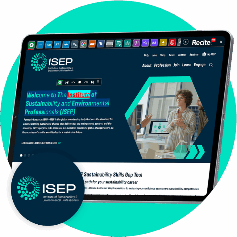 ISEP Global website open on a tablet with the Recite Me Toolbar launched