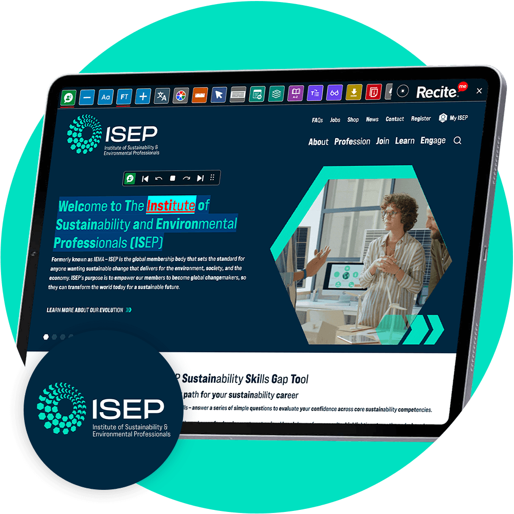 ISEP Global website open on a tablet with the Recite Me Toolbar launched