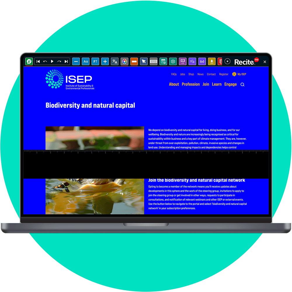 Mock-up of the Recite Me Toolbar being used on the ISEP Global website