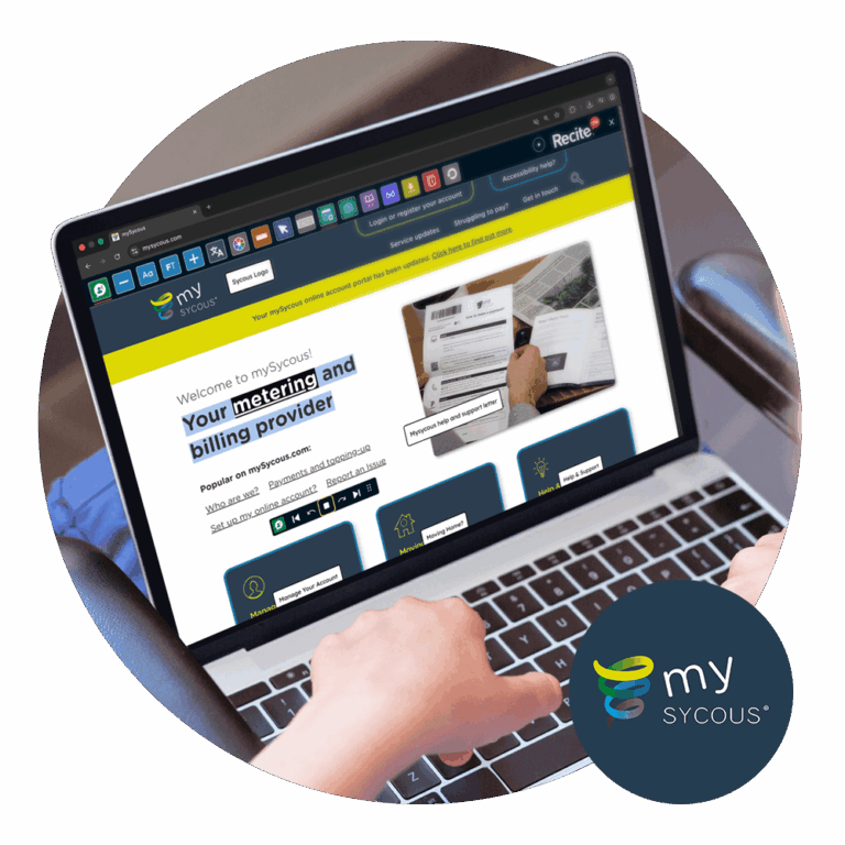 mySycous website open with the Recite Me toolbar active