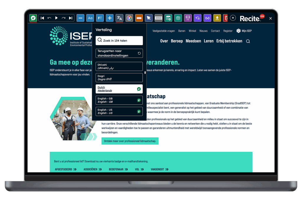 ISEP Global website open on a laptop with the Recite Me Toolbar launched