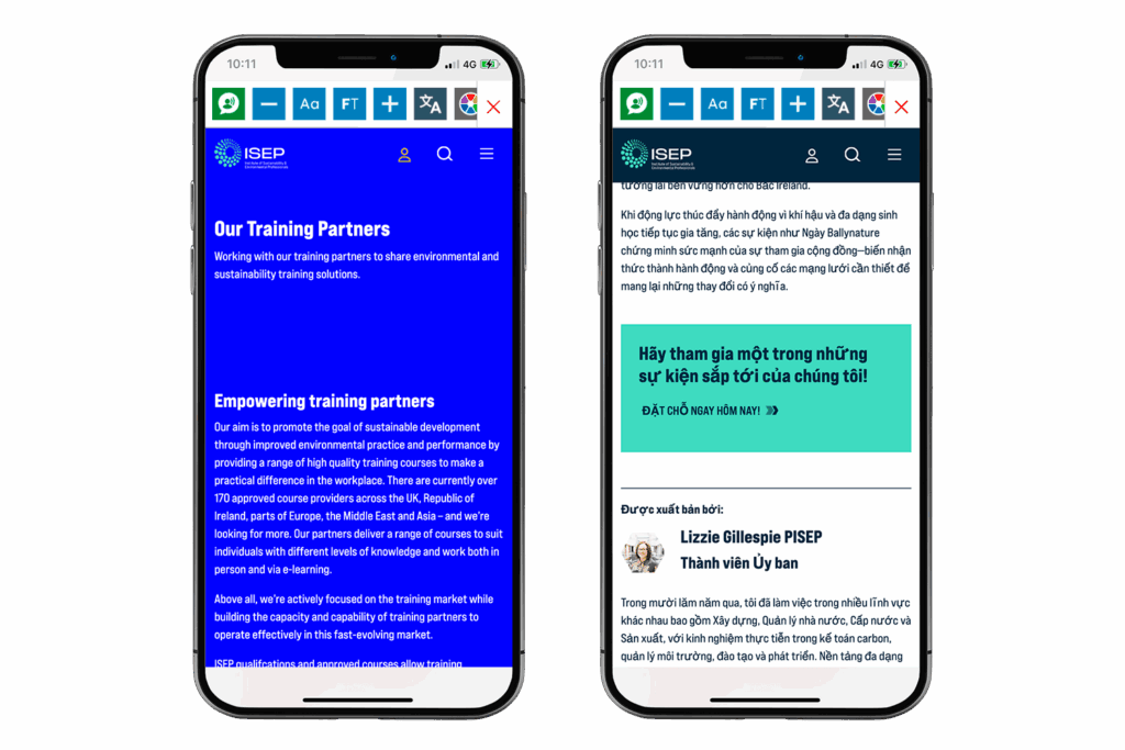 ISEP Global website open on a mobile phone with the Recite Me Toolbar launched