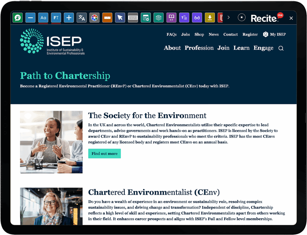 ISEP Global website open on a tablet with the Recite Me Toolbar launched