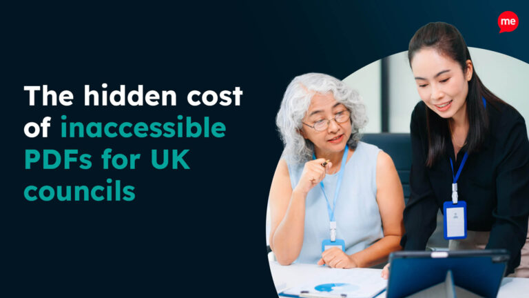 Two council employees review a document on a tablet, alongside text reading “The hidden cost of inaccessible PDFs for UK councils.”