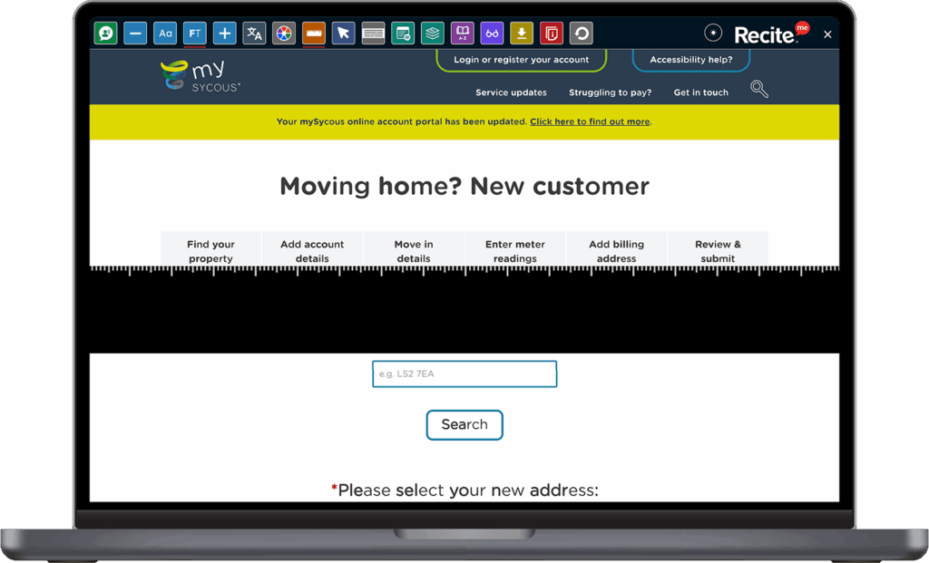 Recite Me Toolbar being used on the my Sycous website