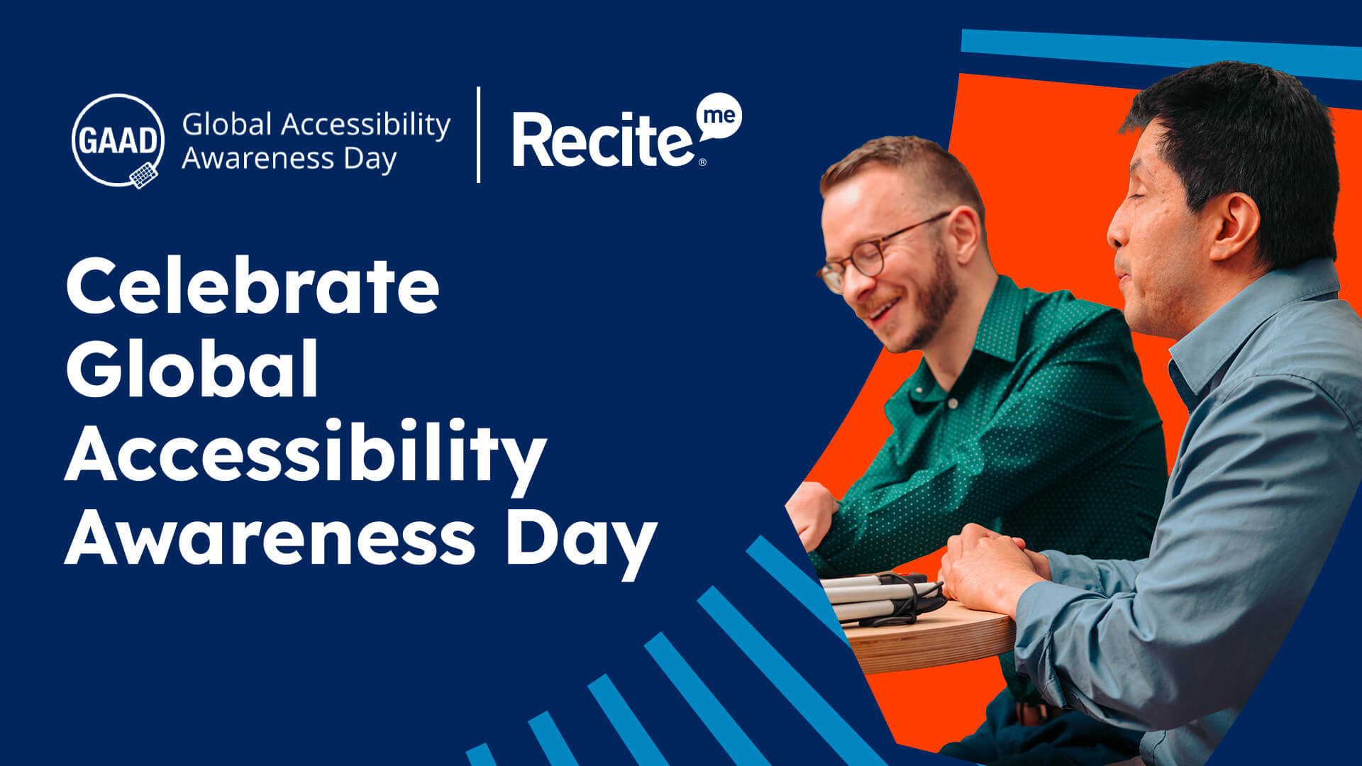 Graphic for Global Accessibility Awareness Day. Includes an image of 2 disabled workers laughing while using a laptop