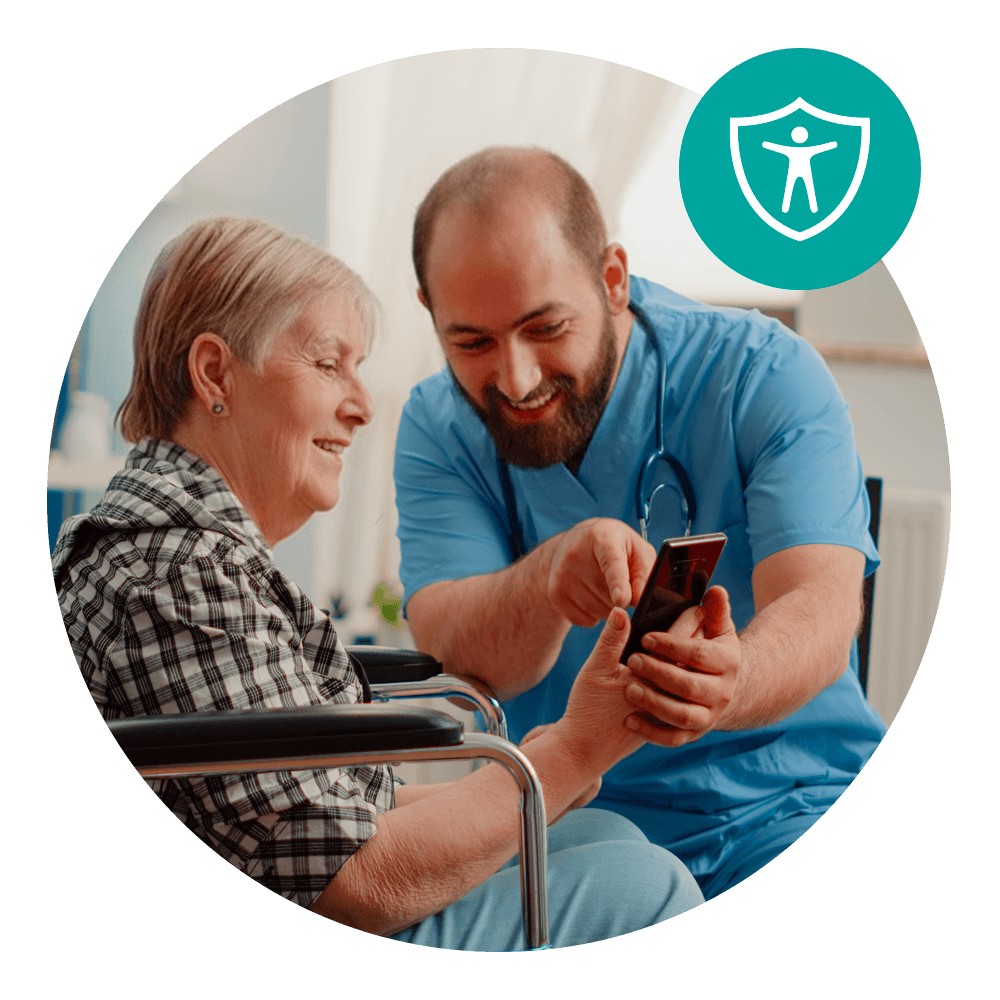 Disabled person and nurse using a smartphone