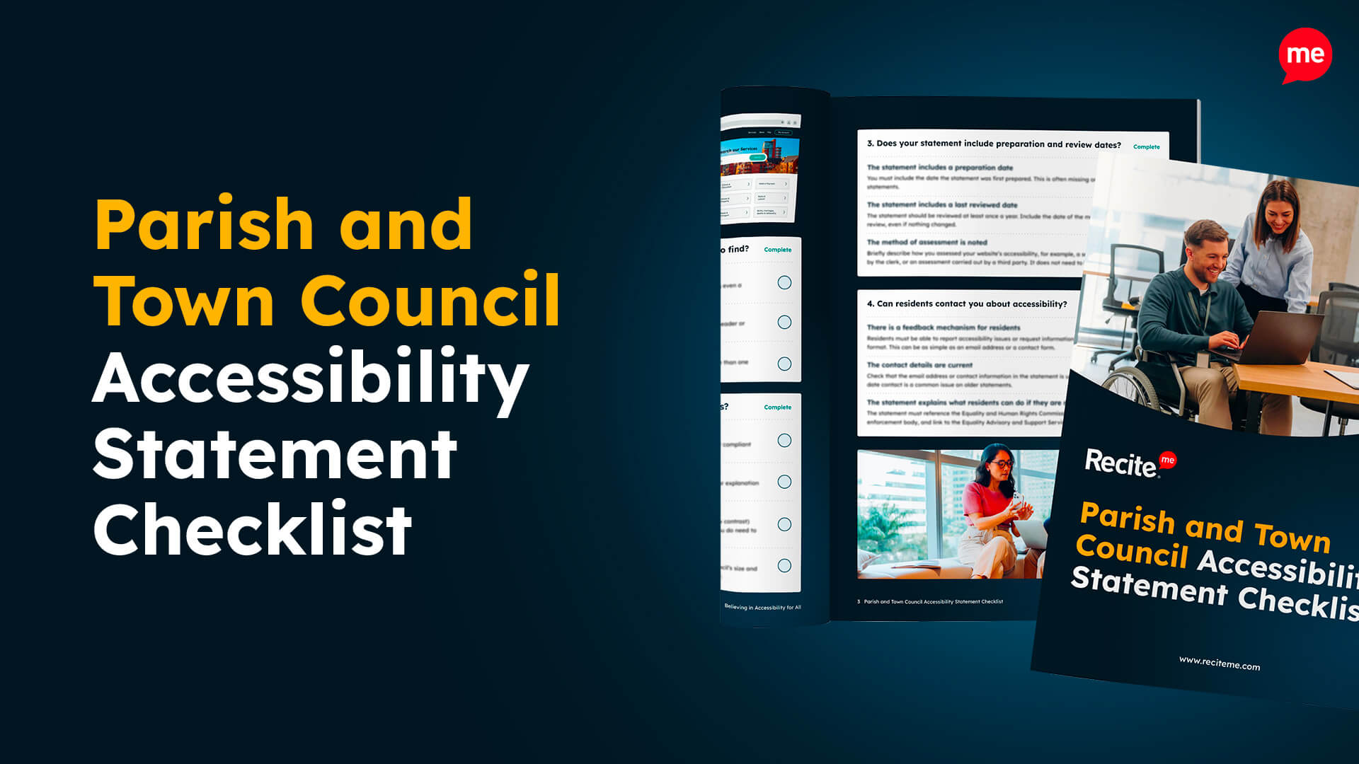 Promotional graphic for a Recite Me Parish and Town Council Accessibility Statement Checklist, featuring the guide cover and preview pages on a dark blue background with large title text.