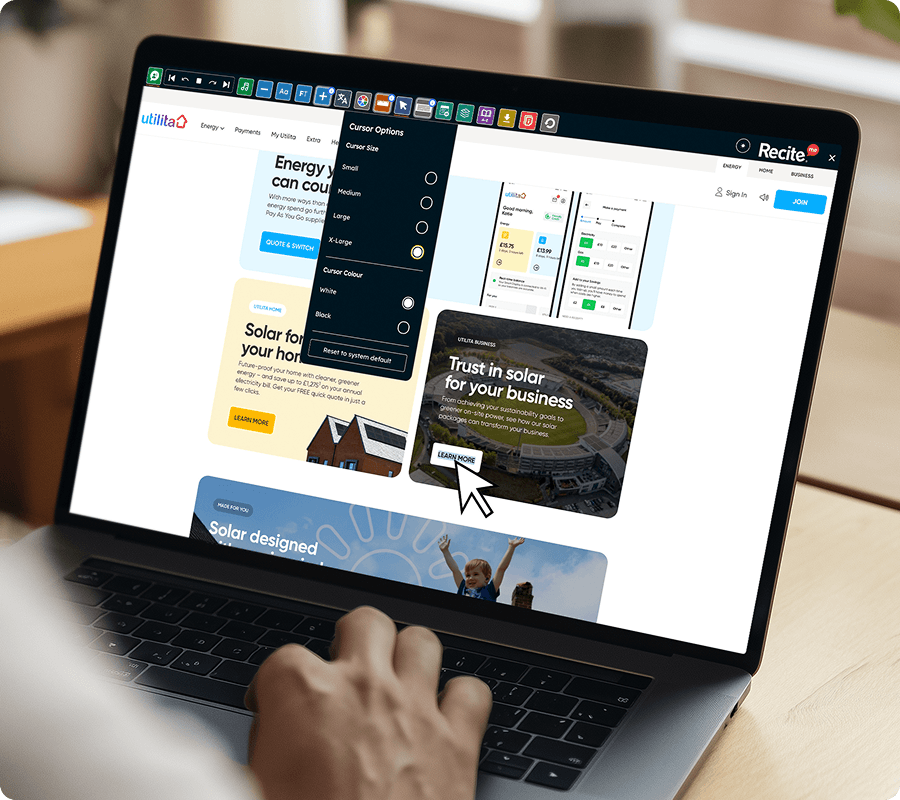 Utilita website with the enlarged cursor feature in use