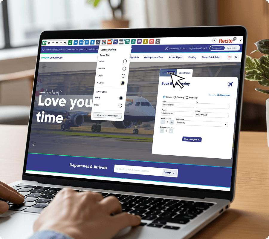 London City Airport website with the enlarged cursor feature in use