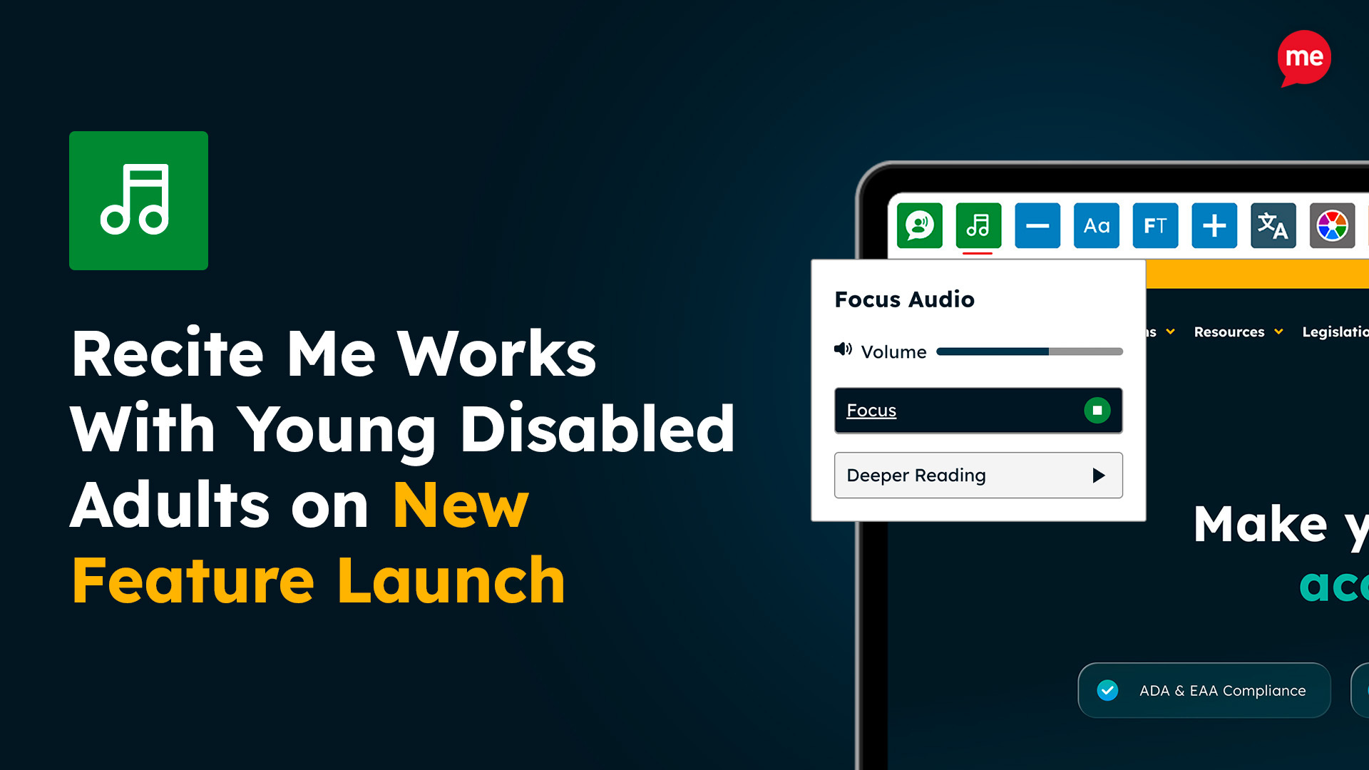 Promotional graphic announcing a new feature launch. The text reads, “Recite Me Works With Young Disabled Adults on New Feature Launch.”
