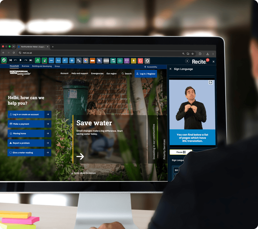 Northumbrian Water website with the Sign language feature in use