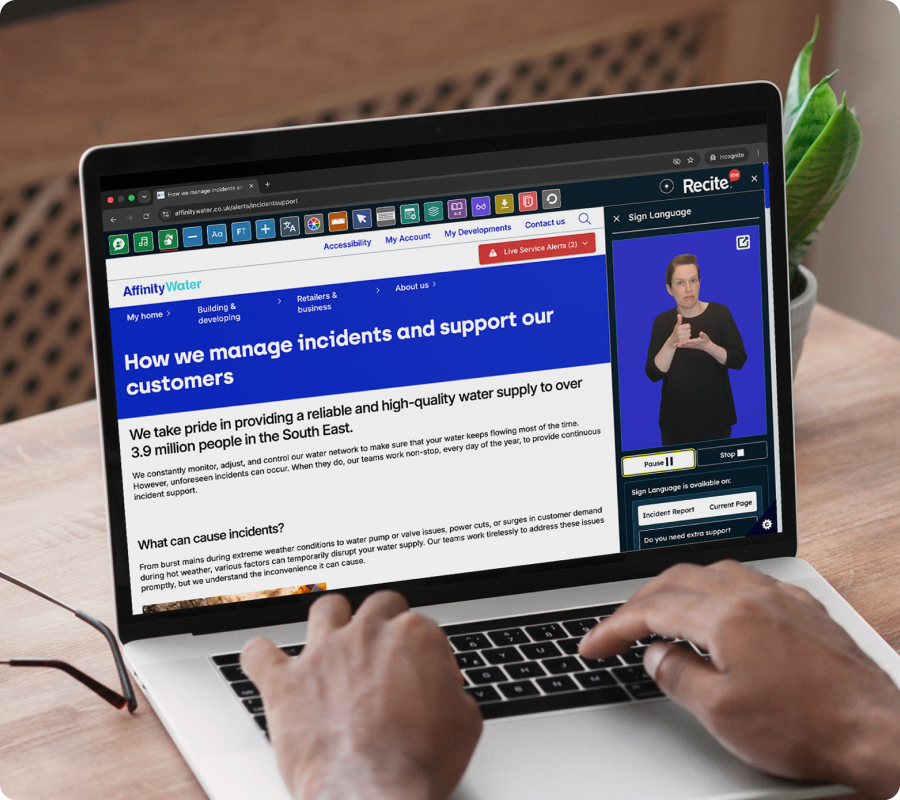 Affinty Water website with the Sign language feature in use