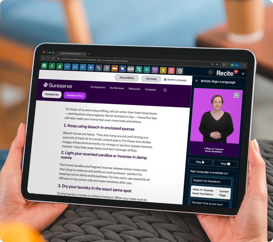 Sureserve website with the Sign language feature in use