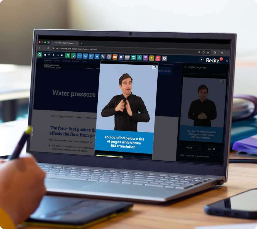 Northumbrian Water website with the Sign language feature in use