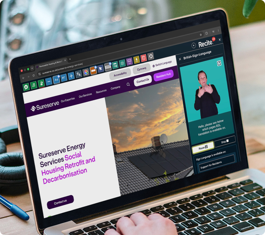 Sureserve website with the Sign language feature in use