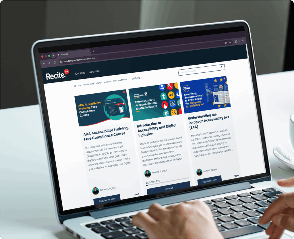 Recite Me's dashboard showing several courses
