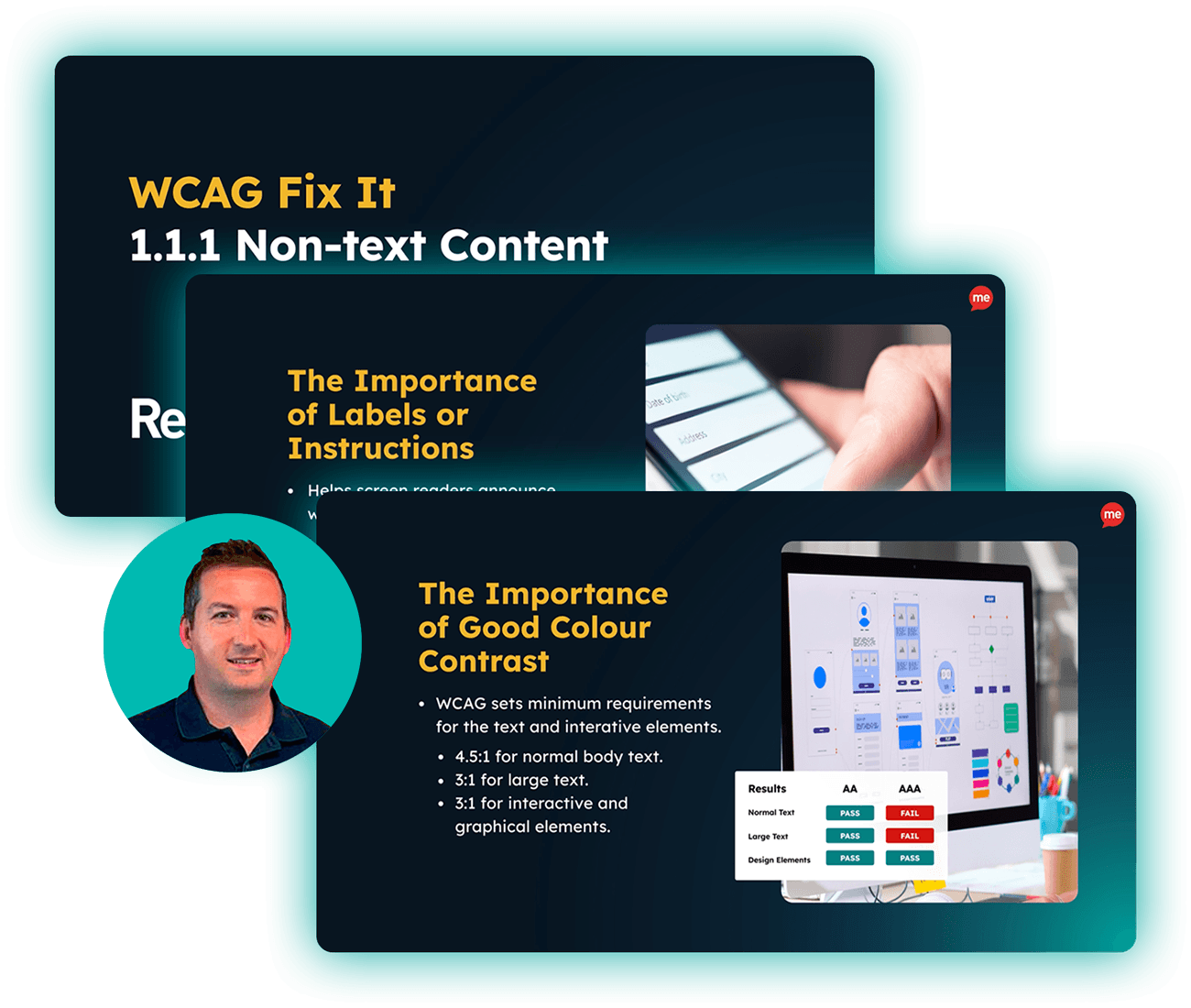 3 slides of the WCAG training course with an image of the instructor