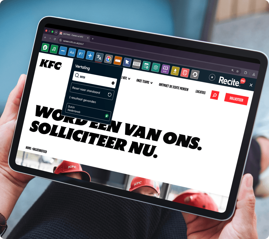 Toolbar translation feature being used on the KFC website