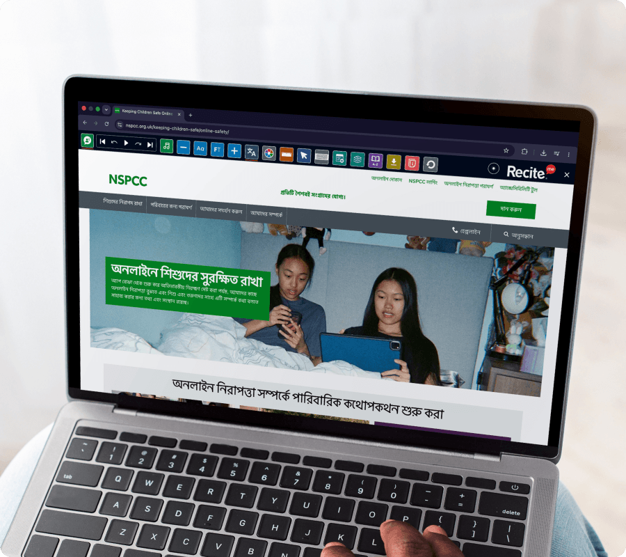 Toolbar translation feature being used on the NSPCC website